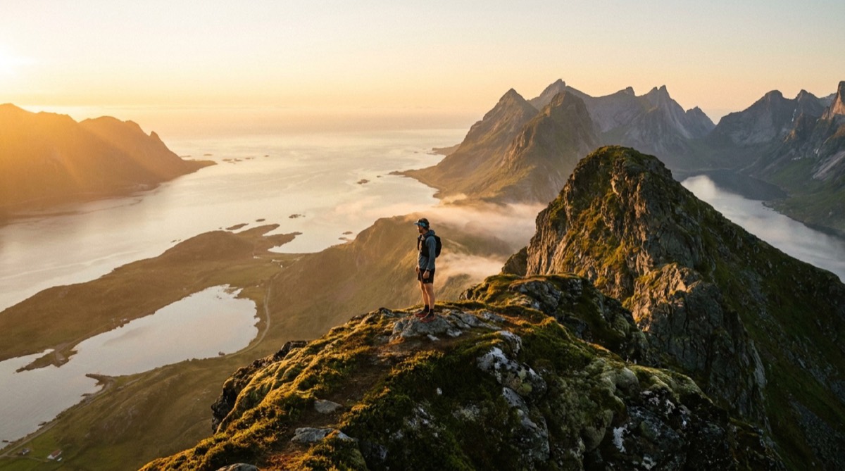 Fjelløper på rygg i solnedgang, fjord og tinder bak